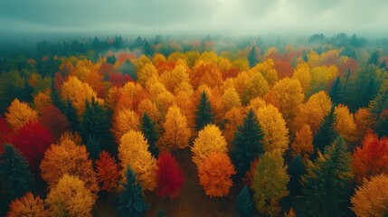 Aerial view of a vibrant autumn forest, captured from above, showcasing the beauty of nature's colors 