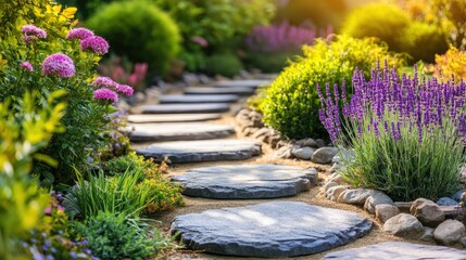 Obraz premium A charming garden path made of stepping stones, surrounded by small decorative plants and flowers, creating a welcoming and peaceful outdoor retreat.