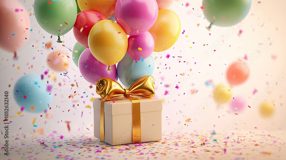 Fototapete a close-up of a gift box with a golden ribbon, filled with balloons in vibrant colors, set against a