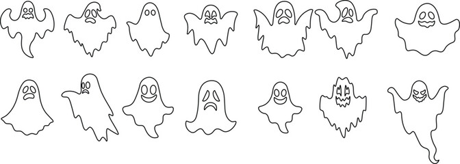 Ghost icon set Vector. Halloween concept, Cartoon Ghosts, black ghost with eyes, spooky character, ghoul or spirit monsters silhouettes with spooky faces. Horror holiday flying phantoms or nightmare