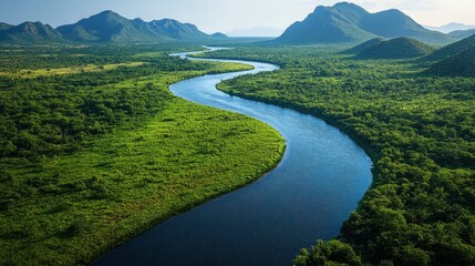 Aerial view of a winding river cutting through a lush valley, captured from a high vantage point, showcasing the beauty of nature 