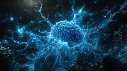 Fototapeta premium A vibrant, glowing blue spinal cord and brain surrounded by a web of nerves stretching outwards, highlighted against a dark backdrop to emphasize the complex structure