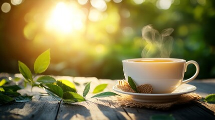 Fototapeta premium A steaming cup of tea sits on a rustic wooden table with green leaves and a burlap napkin, bathed in warm morning sunlight.