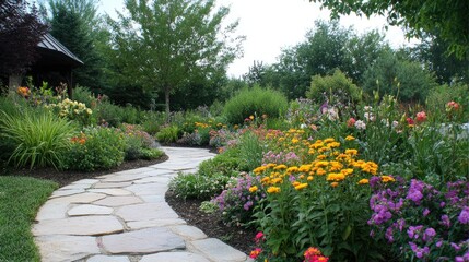 Fototapeta premium A curved stone path cutting through a vibrant, well-maintained garden, with colorful flowers and green plants adding life and color to the scene.