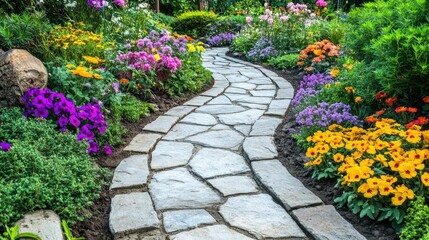 Obraz premium A curved stone path cutting through a vibrant, well-maintained garden, with colorful flowers and green plants adding life and color to the scene.