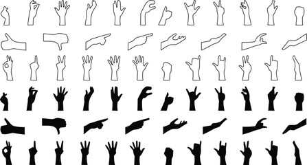 Hand gesture icon set. All type of hand emojis, gestures, stickers, emoticons vector illustration symbols. Hands, handshakes, muscle, finger, fist, direction, like, unlike, fingers collection