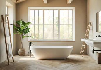 Modern Spacious Bathroom with Large Windows and Bathtub