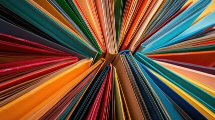 A dynamic arrangement of colorful books fanned out on a table, their covers facing up, creating a visually striking pattern of vibrant hues.