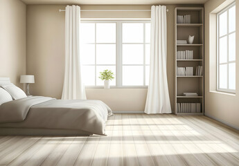 Fototapeta premium Cozy Beige Bedroom with Natural Light and Parquet Flooring