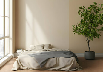 Cozy Beige Bedroom with Bed and Indoor Plant