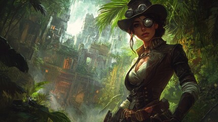 Naklejka premium Steampunk woman exploring jungle ruins.