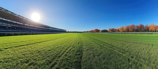 Fototapeta premium Wide shot of a green race track with bleachers and a blue sky with the sun in the background.