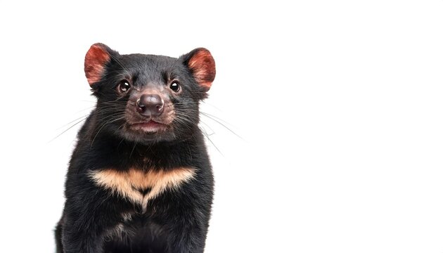 Tasmanian devil - Sarcophilus harrisii - is a carnivorous marsupial extinct from Australia only found in Tasmania.  Isolated on white background with copy space.  stocky and muscular build, black fur