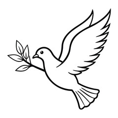 Obraz premium A dove in flight holds an olive branch in its beak. Peace and harmony concept. Religious symbol