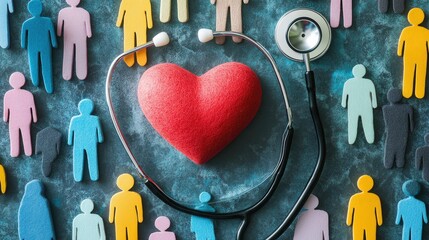 A conceptual image of a heart and stethoscope on a backdrop of a diverse workforce, symbolizing the importance of health and safety at work for World Health Day.