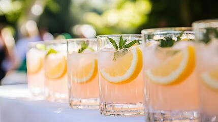 A group of glasses filled with lychee lemonade mocktails, garnished with lemon slices and mint sprigs, arranged neatly on a table at an outdoor gathering.