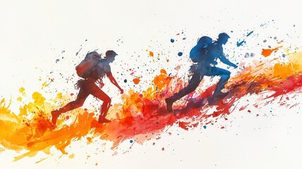 Watercolor splash illustration of climbers in motion, capturing the fluidity and energy of their ascent.