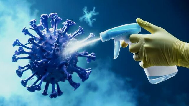 A hand with a spray bottle disinfecting a virus illustration.