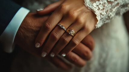 A couple is holding hands and wearing wedding rings. The rings are gold and diamond-studded