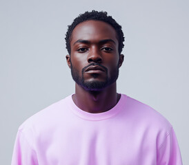 Obraz premium A man with a beard and a pink shirt. He is looking at the camera. The shirt is pink and the man is wearing it