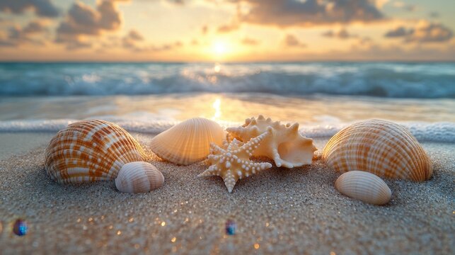 Calm beach with seashells on the sand, viewed from a low angle, emphasizing the details and summer vibe 