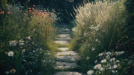 Fototapeta premium A narrow stone path surrounded by tall ornamental grasses and wildflowers, leading through a garden with a natural, unstructured layout.