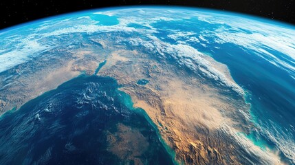 Fototapeta premium A dramatic close-up of Earth from space, focusing on regions with vibrant vegetation, vast deserts, and sparkling water bodies, emphasizing the planet diverse environments