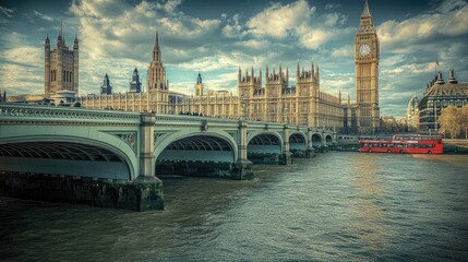 Naklejka premium A picturesque scene of Big Ben and the Houses of Parliament in London, with the River Thames flowing calmly and iconic red double-decker buses crossing the bridge.