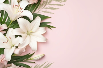 Fototapeta premium Botanical frame, soft pink peonies and white lilies bordering a copy for text, airy and elegant