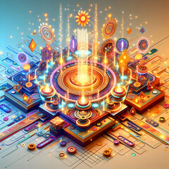 Fototapeta premium 3D Glowing Abstract Festival Scene: Dynamic Digital Art Banner of Vibrant Festival Atmosphere with Sparklers & Rangoli Patterns on Isolated White Background