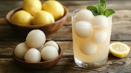 A refreshing lychee lemonade mocktail with ice, placed next to a small bowl of peeled lychees, lemons, and a sprig of fresh mint on a wooden table.