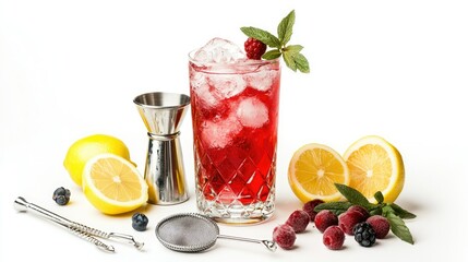 A refreshing red drink with ice in a tall glass, with bar tools like a strainer and jigger next to it, alongside fresh sliced lemons and berries.