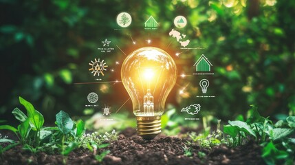 A light bulb surrounded by renewable energy icons, illustrating the path for businesses to achieve environmental protection and sustainability goals. Room for captions.