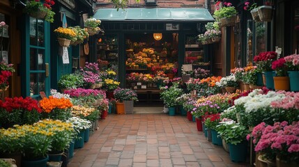 Charming flower shop filled with blooming plants, captured from a corner perspective, highlighting the vibrant colors and natural beauty 