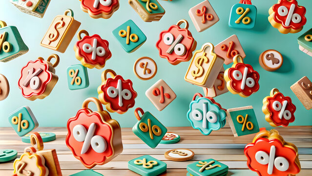 Vibrant Cartoon Style Seamless Tile Design with Floating Dollar Signs, Percentage Symbols, and Sale Tags for Financial Advertising and Marketing