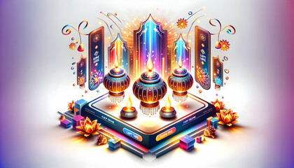 3D Glowing Diwali Lanterns with Holographic Floating Candles and Celebration Flags Isolated on White Background - Festive Copy Space for Diwali Events