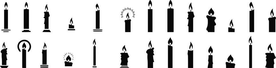 Set of candles for birthday cake or pie vector illustration. Holiday candle collection with burning flames in night, candlelight on wicks, celebration objects