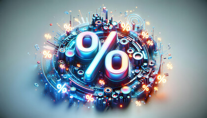 3D Glowing Tech Icon with Floating Percentage Symbols for Cyber Monday Discounts - Vibrant Digital Design with Radiant Light Effects on Isolated White Background