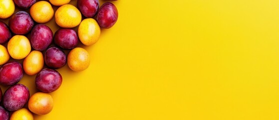 Obraz premium A vibrant arrangement of colorful fruits on a bright yellow background, perfect for healthy lifestyle or organic food themes.