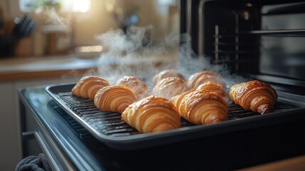 A tray of golden, flaky croissants being removed from an electric oven in a modern kitchen, with steam rising and the oven mitts in action.