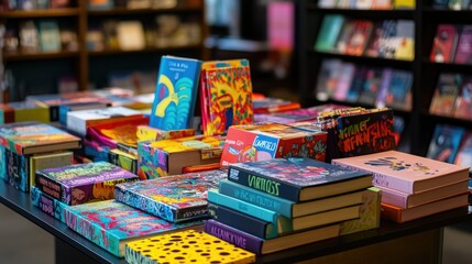 A vibrant display of books with bold, colorful covers on a bookstore table, inviting readers to browse through the eye-catching selection.
