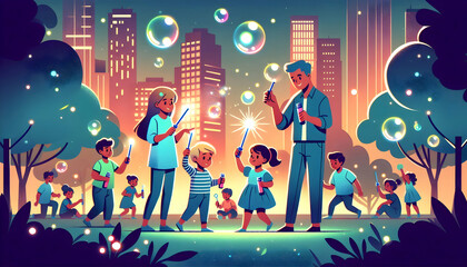 Flat Candid Illustration of Joyful Children Playing with Glowing Bubble Wands at Community Park Event - Capturing Playfulness and Celebration Atmosphere