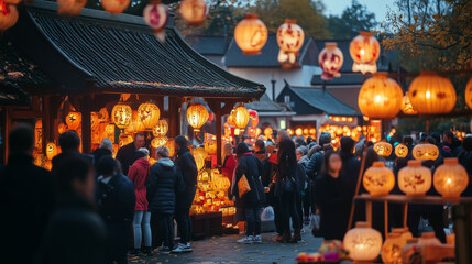 Naklejka premium The lively atmosphere of the turnip lantern festival, residents gather in the village square, showing off turnip lanterns carved with various motifs, Ai generated images
