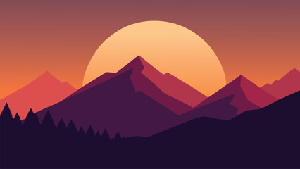 The sun sets behind the mountains, illuminating the sky with brilliant hues of orange and pink, showcasing nature's beauty. flat vector illustration