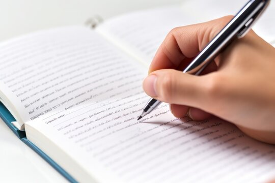 Close-up of a student hand holding a pencil, writing notes in a lined notebook with mathematical equations visible on the page isolated on white background