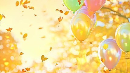 Enchanting sunset sky adorned with pastel rainbow balloons. Golden light bathes scene as autumn leaves gently fall. Dreamy atmosphere perfect for celebrations. 