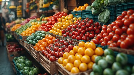 Colorful market scene with fresh produce, shot from a low angle, showcasing the variety and vibrancy of the local goods 