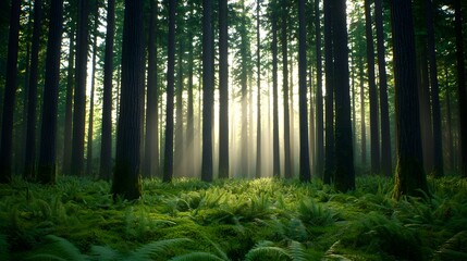 Obraz premium A serene forest scene with towering trees filtering sunlight. Lush ferns cover the ground, creating an enchanting, tranquil atmosphere immersed in nature. Real Beauty Landscape Concept