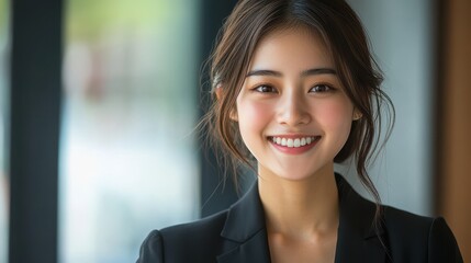 A young Asian woman smiles brightly while holding a business card, exuding confidence in her formal attire