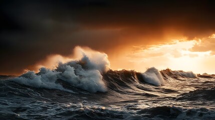 Powerful ocean waves crash against each other under a dramatic sunset sky, creating a breathtaking scene. Real Beauty Landscape Concept